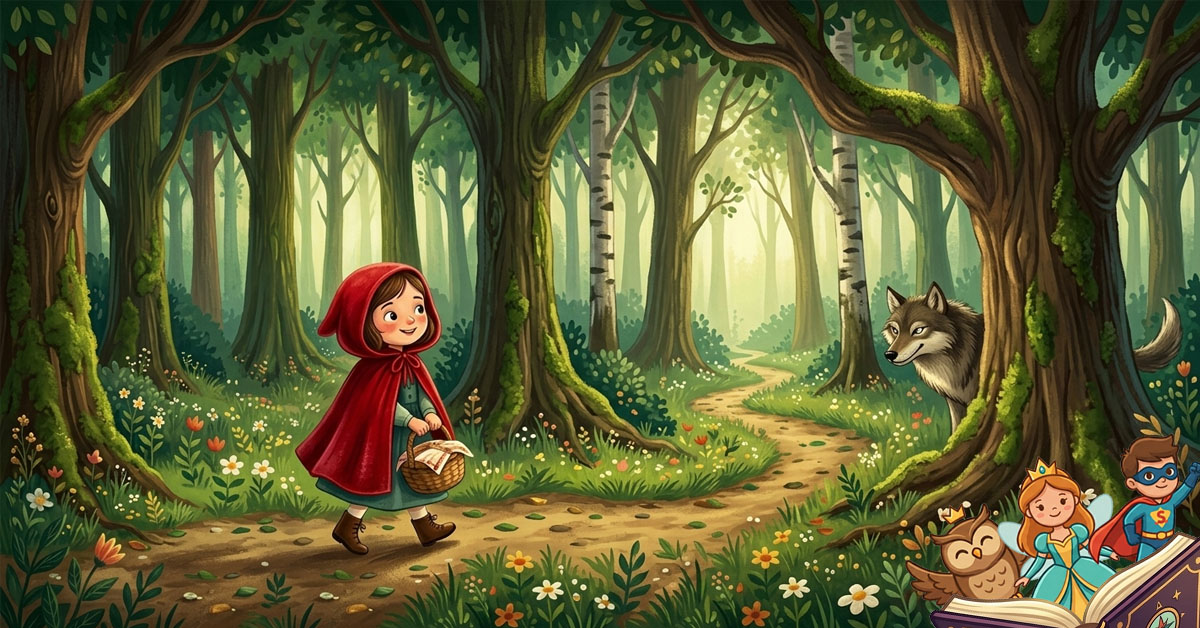 Ilustracija Crvenkape sa crvenim ogrtačem i korpom kako šeta šumom.