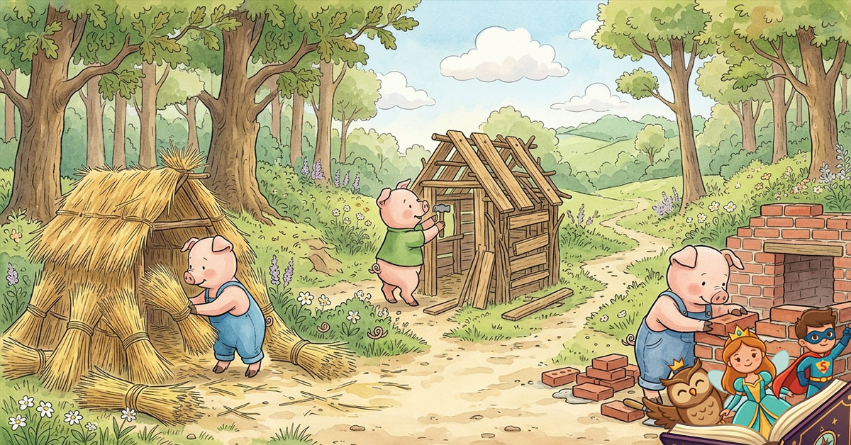 Klasična dječija ilustracija tri praseta kako grade kuće od slame, drveta i cigle u šumi.