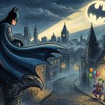 Klasična dječja ilustracija Batmana kako čuva Gotham dok Alfred drži lanternu i Joker stoji u ulici s balonima.