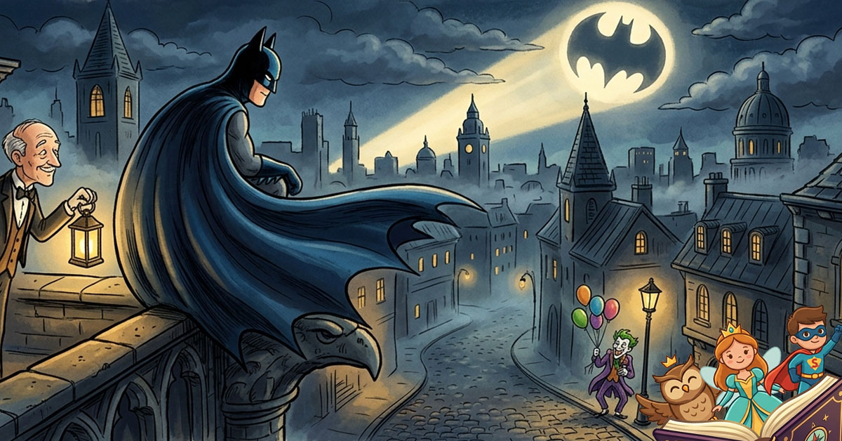 Klasična dječja ilustracija Batmana kako čuva Gotham dok Alfred drži lanternu i Joker stoji u ulici s balonima.