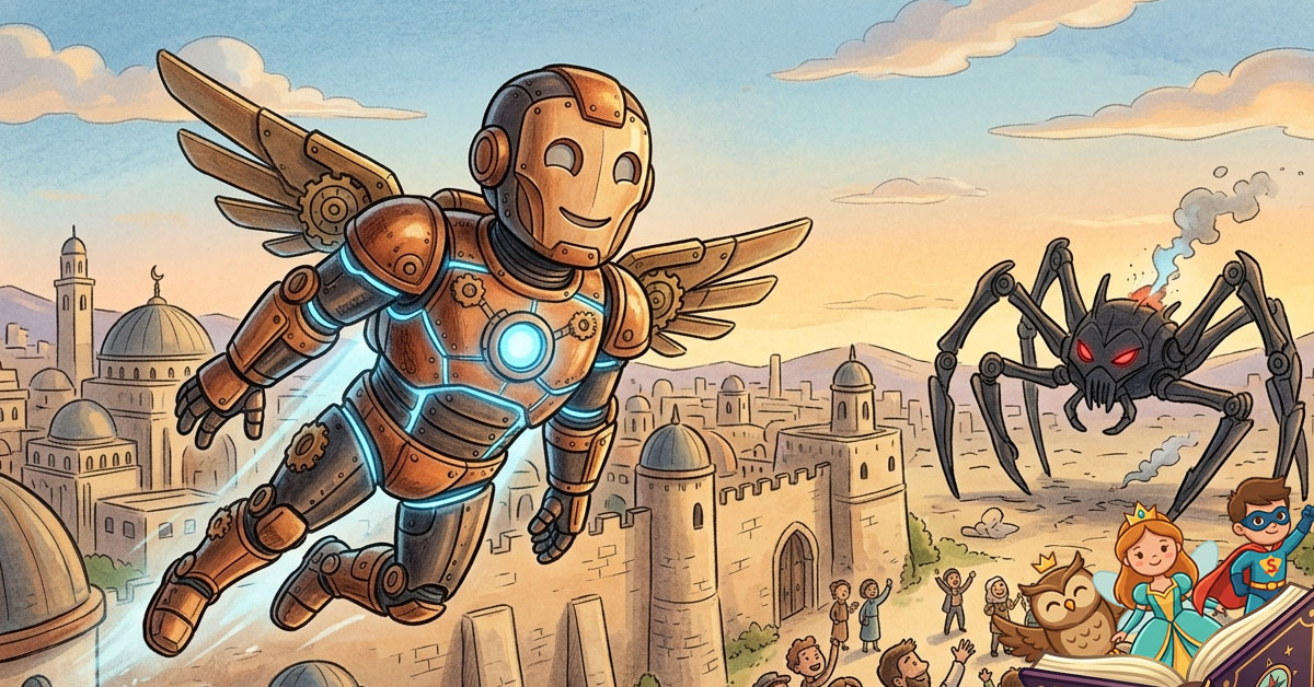 Ilustracija u stilu dječije knjige koja prikazuje letećeg metalnog heroja sa krilima i svijetlećim srcem kako štiti grad i ljude od velikog mehaničkog pauka.