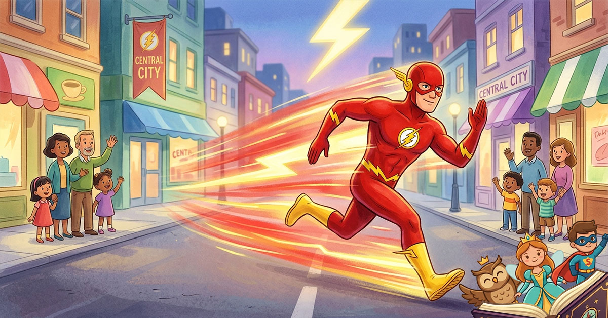 Ilustracija za djecu koja prikazuje superheraja Flasha kako brzo trči ulicama Central Cityja i spašava građane, u stilu klasične slikovnice.