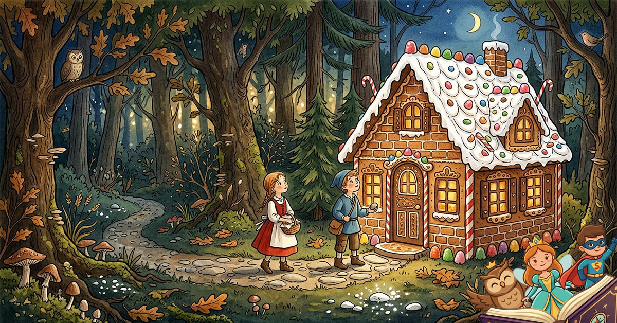 Klasična ilustracija bajke Ivica i Marica ispred kućice od slatkiša u šumi.