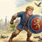 Ilustracija u stilu dječije bajke koja prikazuje mladog heroja kako se bori protiv zlikovaca sa svojim okruglim štitom.