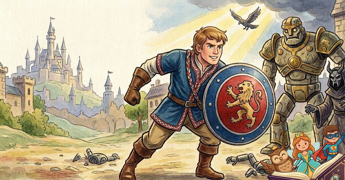 Ilustracija u stilu dječije bajke koja prikazuje mladog heroja kako se bori protiv zlikovaca sa svojim okruglim štitom.