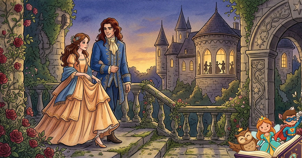 Originalna dječija ilustracija u stilu akvarela koja prikazuje princezu i princa na terasi dvorca u sumrak, s pogledom na bal u pozadini, inspirisana bajkom Ljepotica i Zvijer.
