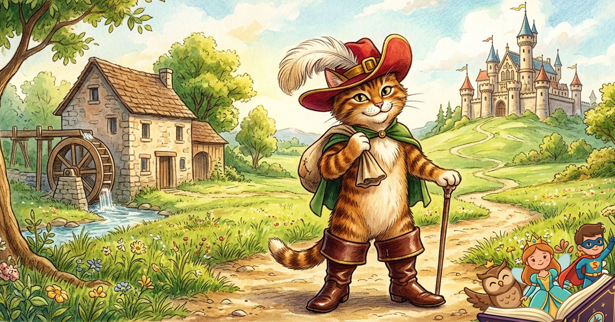 Klasična dječja ilustracija Mačka u čizmama koji ponosno stoji na putu, sa dvorcem u pozadini.