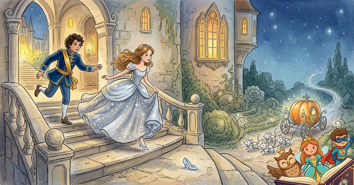 Klasična ilustracija za djecu: Pepeljuga u srebrnoj haljini bježi niz stepenice dvorca, a Princ trči za njom. Na stepenicama leži izgubljena staklena cipelica, a u daljini čeka zlatna kočija.