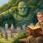 lasična ilustracija za djecu koja prikazuje dualnost lika: miran naučnik sa knjigom i moćna, smaragdno zelena silueta diva u pozadini koja štiti moderni grad.