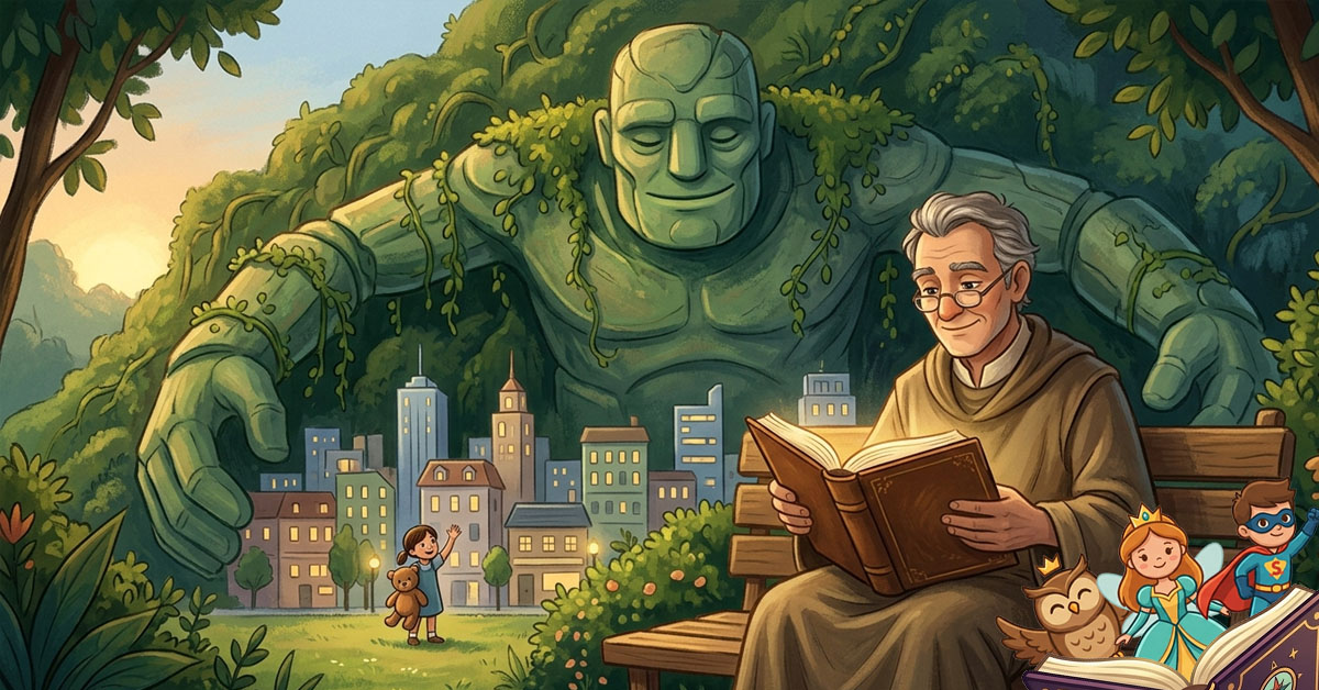 lasična ilustracija za djecu koja prikazuje dualnost lika: miran naučnik sa knjigom i moćna, smaragdno zelena silueta diva u pozadini koja štiti moderni grad.