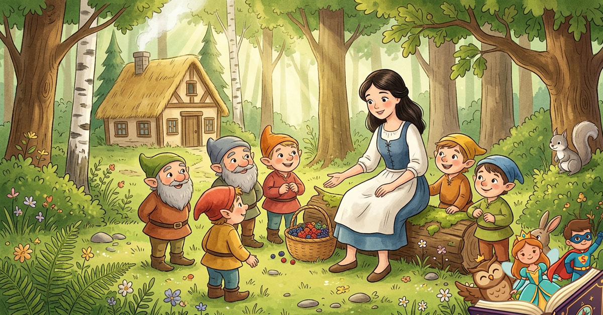 Klasična dječija ilustracija Snjeguljice kako sjedi u šumi okružena sa sedam patuljaka ispred male drvene kolibe, sa šumskim životinjama u pozadini.