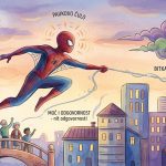 Ilustracija u stilu dječije bajke koja prikazuje superheroja u crveno-plavom odijelu kako se njiše na mreži iznad grada pod mjesečinom.