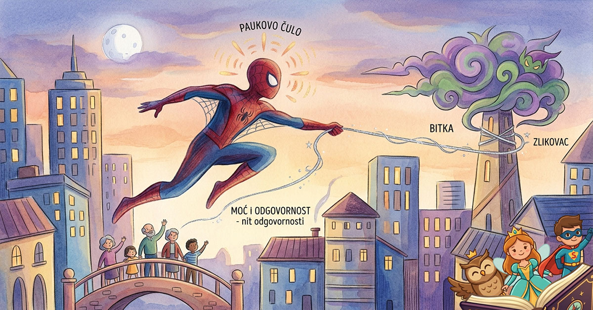 Ilustracija u stilu dječije bajke koja prikazuje superheroja u crveno-plavom odijelu kako se njiše na mreži iznad grada pod mjesečinom.