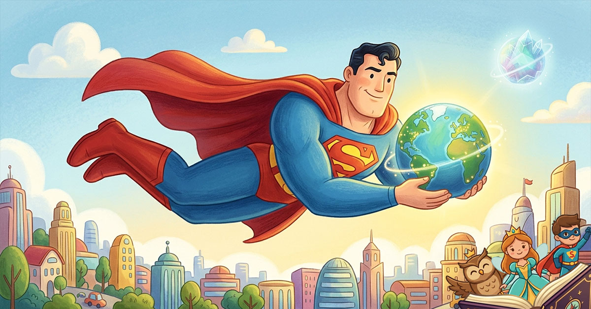 Klasična ilustracija za djecu koja prikazuje Supermana u letu iznad Metropolisa, kako drži planetu Zemlju sa slovom 'S' na grudima i crvenim plaštom.