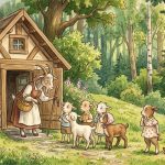 Klasična dječija ilustracija koja prikazuje zabrinutu majku kozu kako savjetuje svojih sedam jarića ispred njihove kućice u šumi, prije nego što krene po hranu.