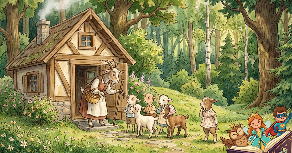 Klasična dječija ilustracija koja prikazuje zabrinutu majku kozu kako savjetuje svojih sedam jarića ispred njihove kućice u šumi, prije nego što krene po hranu.
