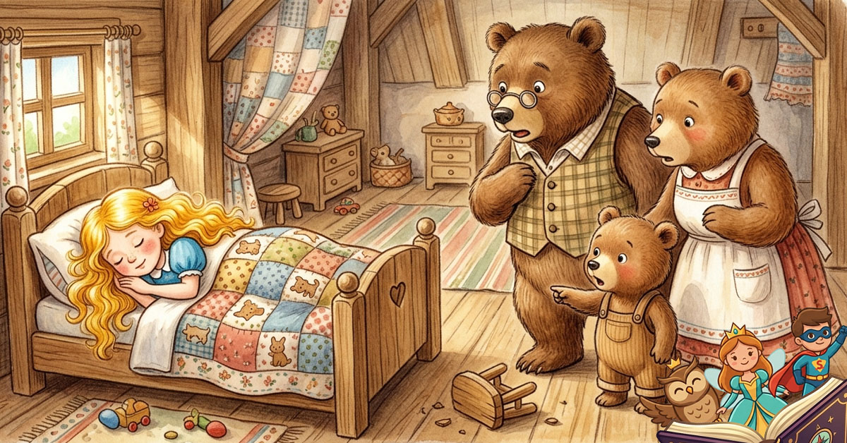 Klasična ilustracija za djecu koja prikazuje tri medvjeda kako pronalaze Zlatokosu dok spava u malom krevetu u njihovoj šumskoj kućici.